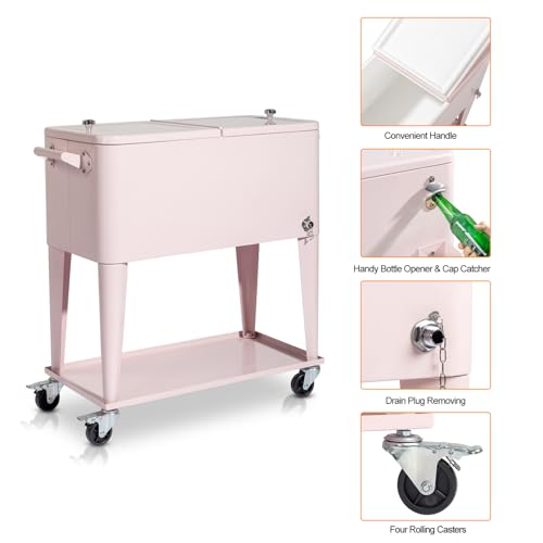 80 Quart Rolling Ice Chest with Wheels, Portable Drink Cooler Cart with Shelf Q865