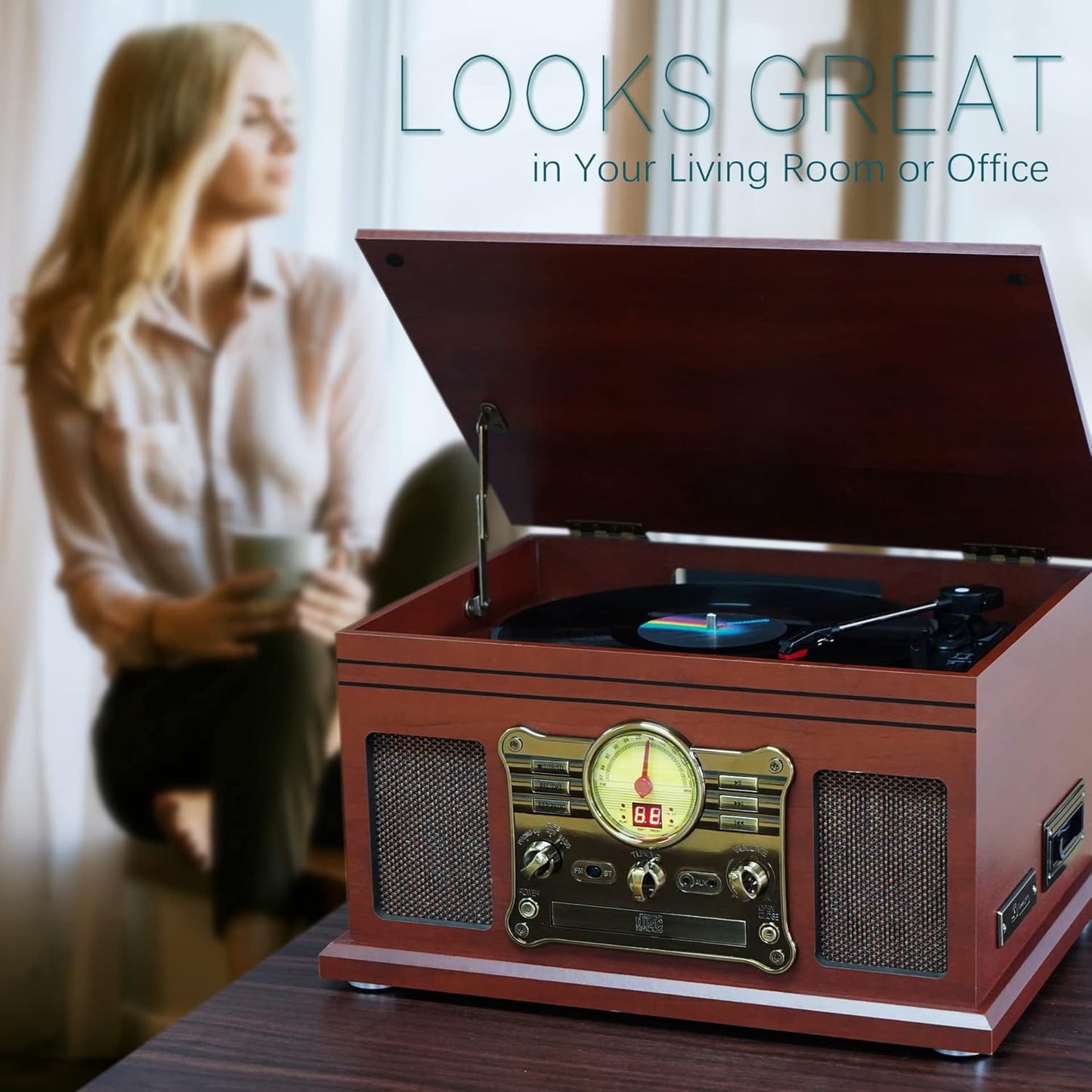 Bluetooth Record Player, 3-Speed Turntable with Speakers, LP to MP3 Converter P39757