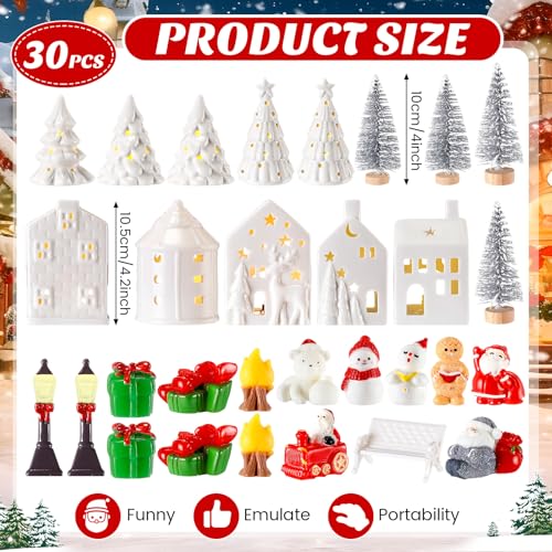 30 Pcs White Christmas Village Set Mini Figurines with LED Lighted Ceramic Houses and Trees I571