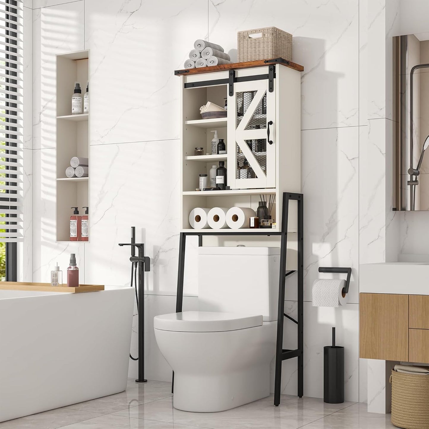 Over The Toilet Storage Cabinet with Adjustable Shelves and Barn Door T63503