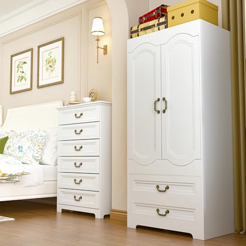2 Door Wardrobe with 2 Drawer, White Vintage Armoire with Clothing Rod, 67" Tall Wooden Closet Cabinet for Bedroom Z7390