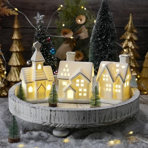 Ceramic Christmas Village Houses with LED Lights, 3 Pieces with Trees Y512