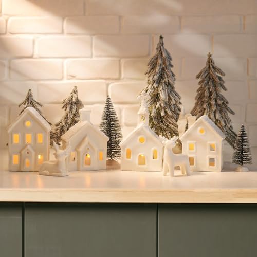 Christmas Village Set with 4 Lighted Ceramic Houses, 2 Trees, 2 Deer & Santa U967