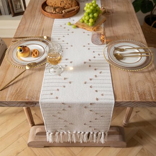 Christmas Table Runner 13 x 90 Inch Natural Cotton Woven with Tassels, Red and Beige U800