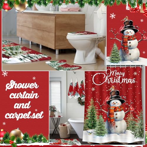 7 Pcs Christmas Shower Curtain Set with Non Slip Rugs, Toilet Cover and Towels U40957