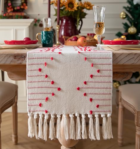 Christmas Table Runner 13 x 90 Inch Natural Cotton Woven with Tassels, Red and Beige U800