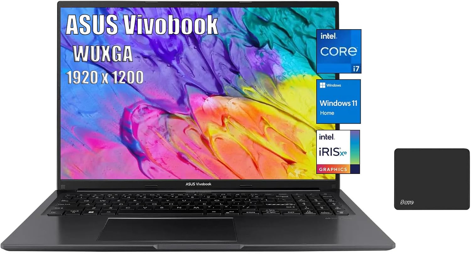ASUS Vivobook 16" Laptop, WUXGA IPS (1920 x 1200) 16:10 Display, Intel Core i7-1255U (10-Core, up to 4.7GHz), Iris Xe Graphics, 16GB DDR4 RAM, 512GB SSD, Windows 11 Home, Black, with 5ave Mousepad