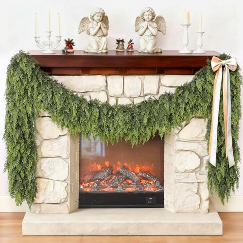9FT Cedar Garland for Fireplace - Artificial Christmas Garland Thick and Lush Realistic Faux Cedar Fake Pine Needles Garland for Table,Window,Stairs,Mante,Indoor Outdoor Decor (1PCS)