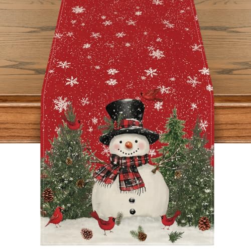 Snowman Christmas Birds Trees Table Runner, Winter Holiday Kitchen Dining Table Decoration, 13 x 72 Inch Z2031