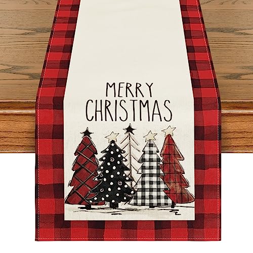 Buffalo Plaid Christmas Trees Table Runner, Winter Holiday Kitchen Dining Decor, 13 x 108 Inch A940