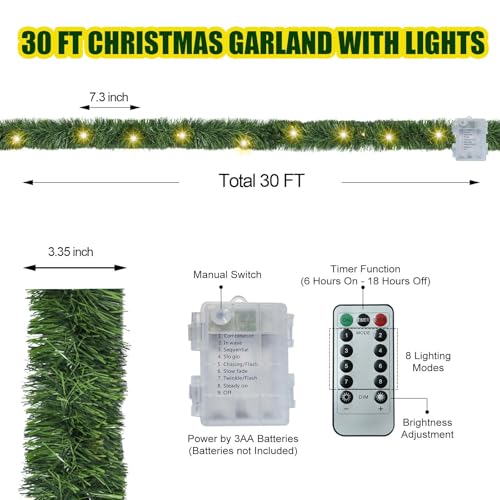30ft Battery Operated Pre-Lit Christmas Garland with Timer J42811