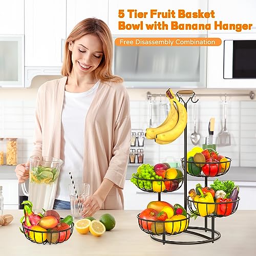 Metal Fruit Basket with Banana Hanger for Kitchen Counter K252