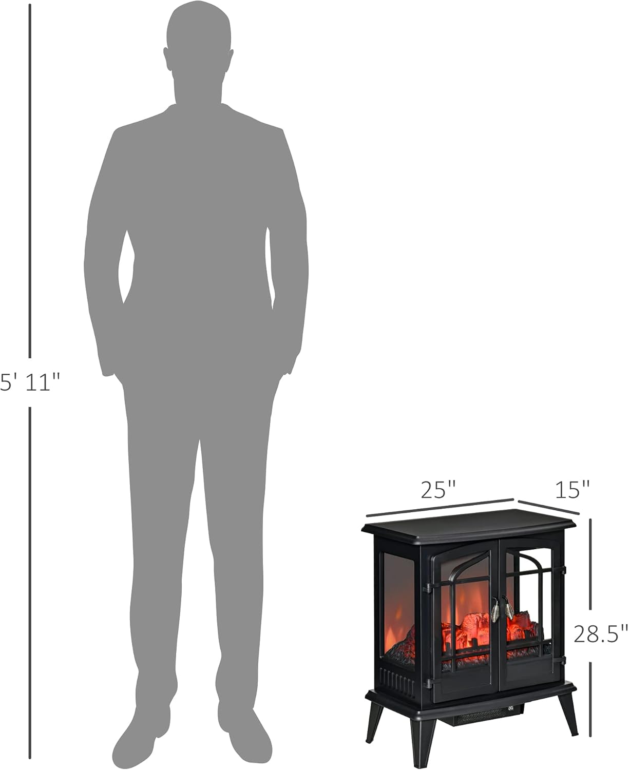 Electric Fireplace Heater, Freestanding Stove with LED Flames, 1400W, Black U41147