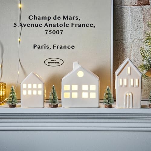 Ceramic Christmas Village Houses with LED Lights, 3 Pieces with Trees Y512