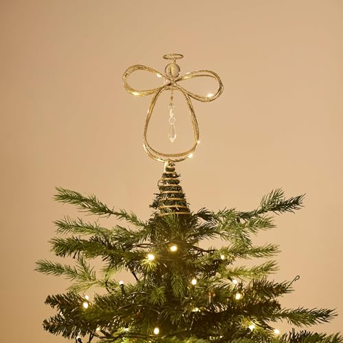 Lighted Christmas Tree Topper Angel with Timer, 10 Inch Pre-Lit Gold Metal I955