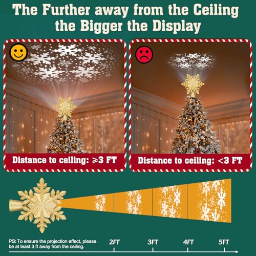Christmas Tree Topper Lighted with 6 Projection Slides, Snowflake LED Rotating 3D Glitter Tree Topper O28849