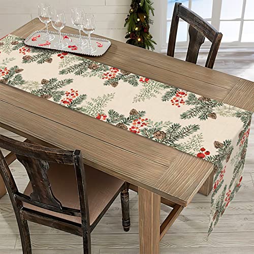 Winter Pine Cone Berry Table Runner, Watercolor Botanical Kitchen Decor, Christmas Farmhouse Dining Decoration 13 X 72 S13131