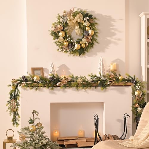 Christmas Garland with Lights, 6Ft Prelit for Mantle, Stairs Railing, Green Gold R97358