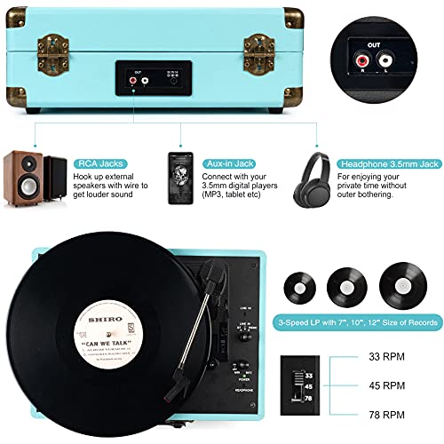 Bluetooth Portable Suitcase Vinyl Player with Built-in Speakers, 3-Speed Turntable O8180