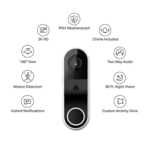 Smart Video Doorbell Camera Hardwired with Chime, 2K Resolution, Night Vision, 2-Way Audio F5394