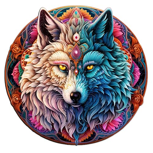 WOODBESTS Wooden Puzzle for Adults, Mandala Yin Yang Wolf Puzzle (M, 190pcs, 11.4"x11.1") Beautiful Wooden Box, Wooden Jigsaw Puzzles Unique Shape, Birthday Gifts for Adults and Kids Family Game
