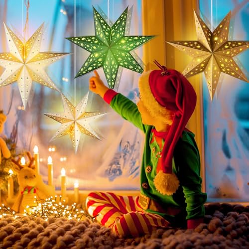 12 Pcs Christmas Paper Star Lantern 9 Point Hanging Ornament with String Light H44991