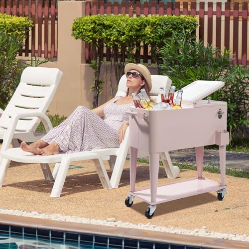 80 Quart Rolling Ice Chest with Wheels, Portable Drink Cooler Cart with Shelf Q865