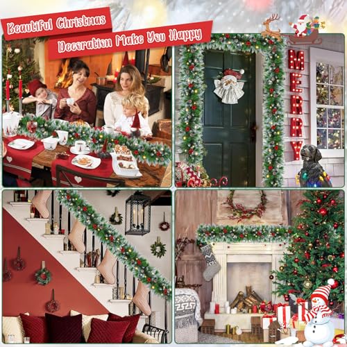 Flocked Pre-Lit Christmas Garland with 30 LED Lights, Red Berries and Pine Cones B12411