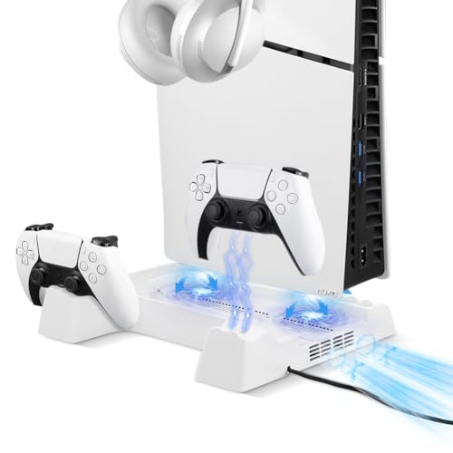 PS5 Slim Stand with Cooling Fan and Controller Charging Station for PS5 Slim Console Disc/Digital, for PS5 Accessories Cooling Fan Holder,Headset Holder for Playsation 5 White Color