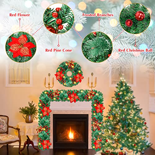 Pre-lit Christmas Garland with LED Lights, Red Flowers and Berries C561701