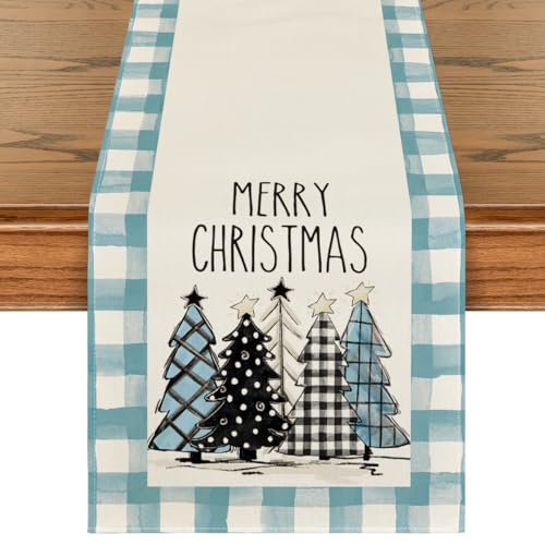 Buffalo Plaid Christmas Trees Table Runner, Winter Holiday Kitchen Dining Decor, 13 x 108 Inch A940