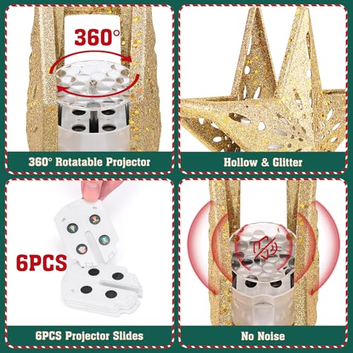 Christmas Tree Topper Lighted with 6 Projection Slides, Snowflake LED Rotating 3D Glitter Tree Topper O28849