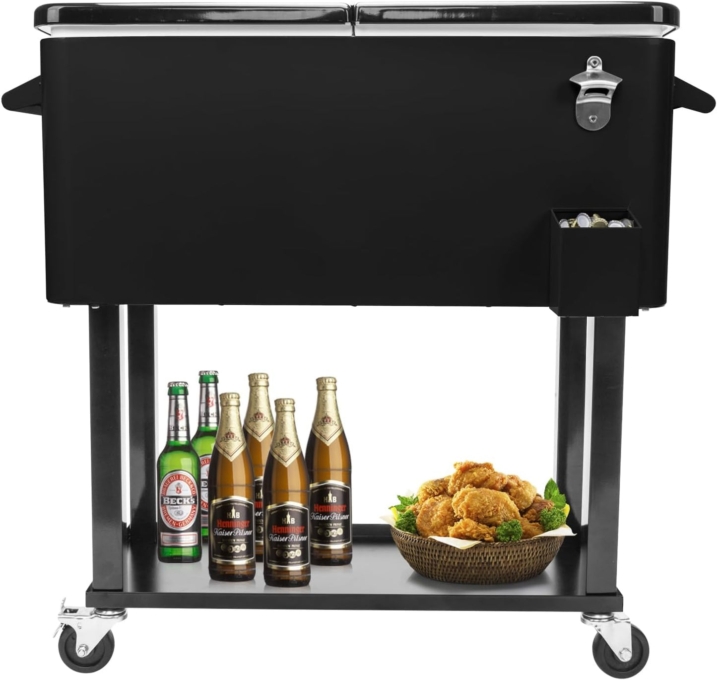 80 Quart Rolling Ice Chest Cooler Cart with Shelf and Bottle Opener J482570