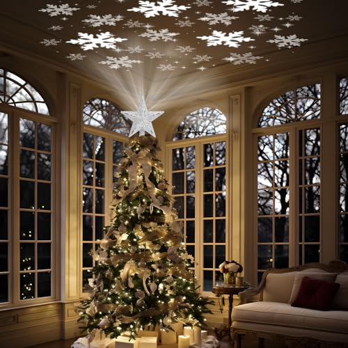 Christmas Tree Topper Lighted with 6 Projection Slides, Snowflake LED Rotating 3D Glitter Tree Topper O28849