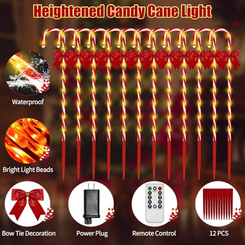 Christmas Solar Candy Cane Pathway Lights, 24PCS 240LED Outdoor Decorations with Red Bow Waterproof E437