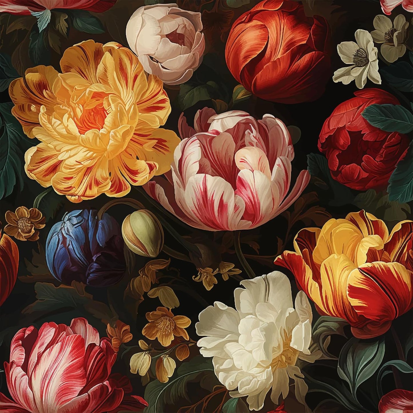 VEELIKE Antique Tulips Floral Wallpaper Vintage Dark Floral Peel and Stick Wallpaper for Bedroom Bathroom 17.7''x118'' Removable Floral Mural Wallpaper Adhesive Contact Paper for Walls Cabinets Drawer
