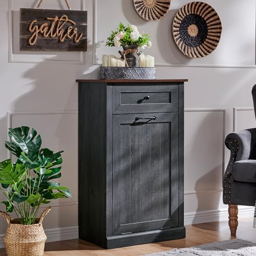 Tilt Out Trash Cabinet with Barn Door, 10 Gallon Garbage Bin and Storage Basket, Dark Grey X67057
