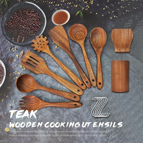 Christmas Wooden Spoons for Cooking, 10 Pcs Natural Teak Kitchen Utensils Set S557967