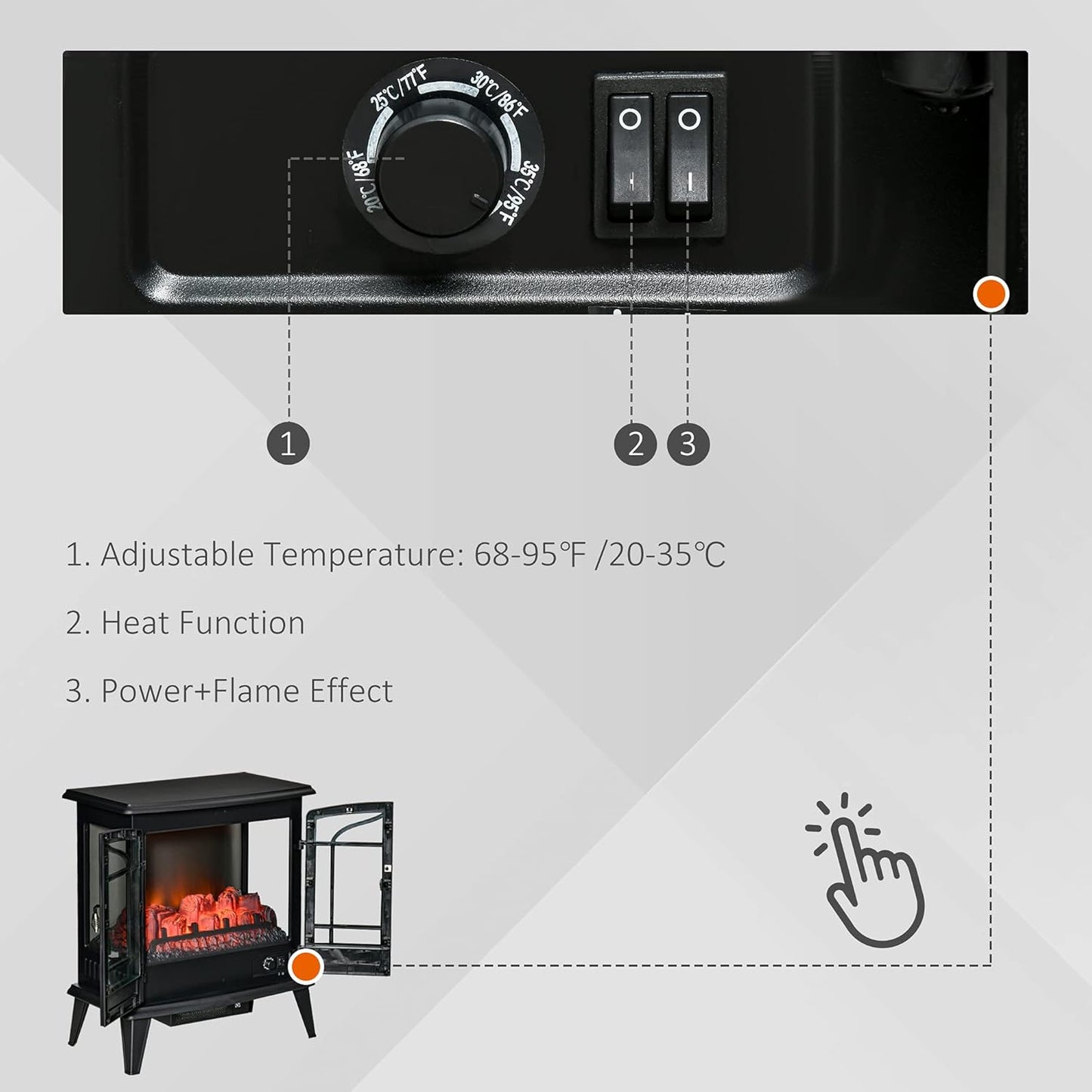 Electric Fireplace Heater, Freestanding Stove with LED Flames, 1400W, Black U41147