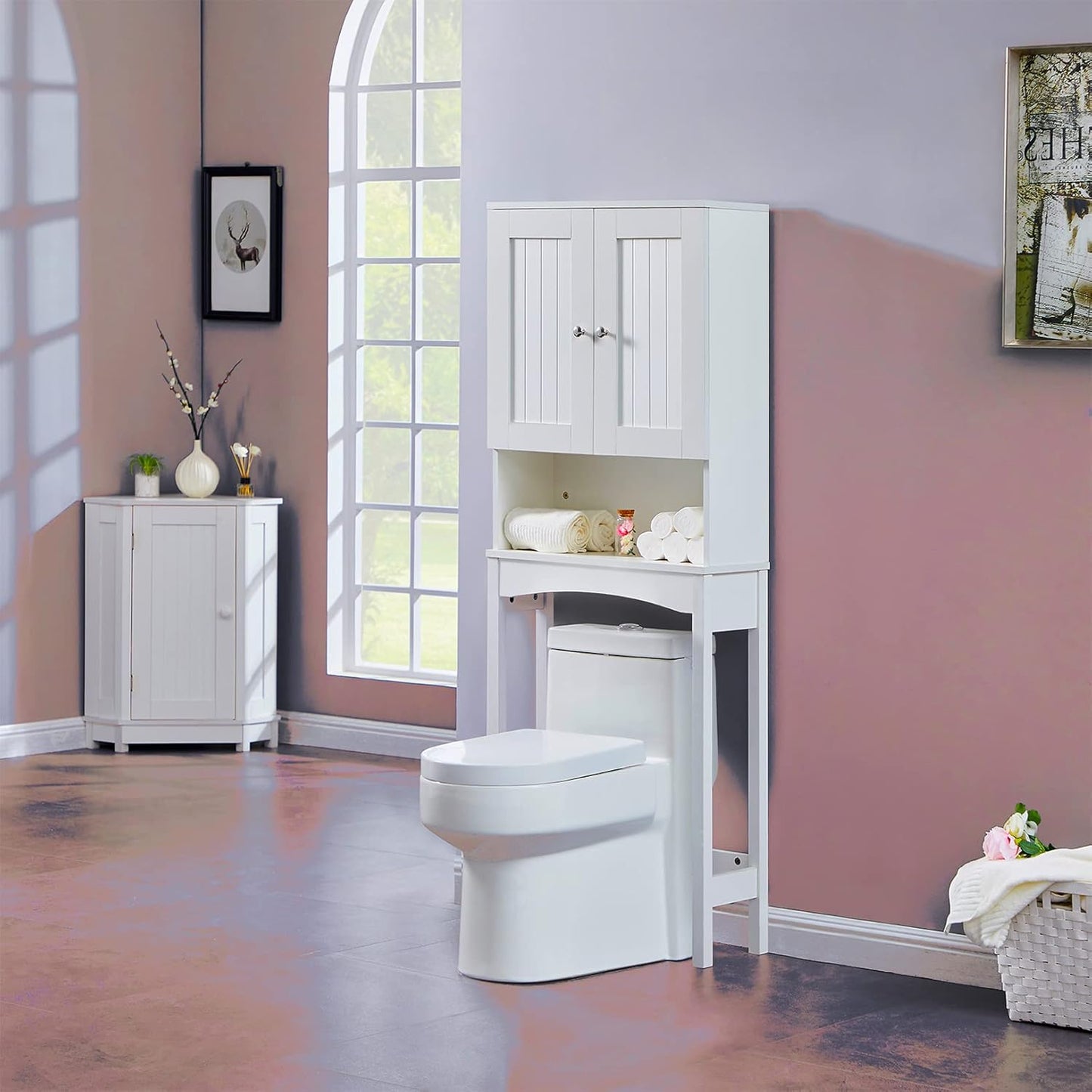 Over The Toilet Space-Saving Collect Cabinet Bathroom Storage Organizer Free Standing Toilet Rack with Double Doors Taller Wooden Bathroom Furniture