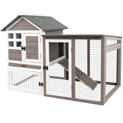 Rabbit Hutch Indoor and Outdoor 2-Story Rabbit Cage with Pull Out Tray,Fir Wood Pet House with Wooden Ramp,Waterproof Bunny Cage Indoor with 2 Asphalt Roofs,Grey (55.3" L x 21.5" W x 34.5" H)
