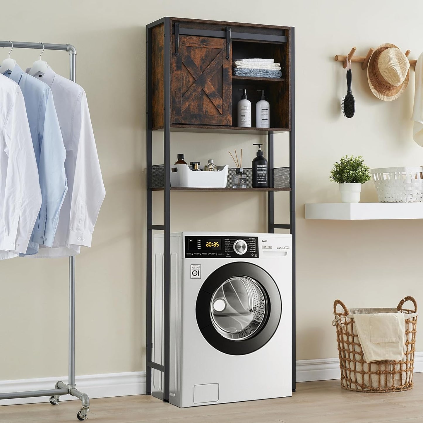 Over The Toilet Storage Cabinet with Sliding Door and Adjustable Shelf, Rustic Brown F7939