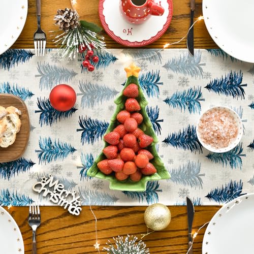 Snowflake Christmas Table Runner, Winter Green Kitchen Dining Decoration 13x72 Inch G642