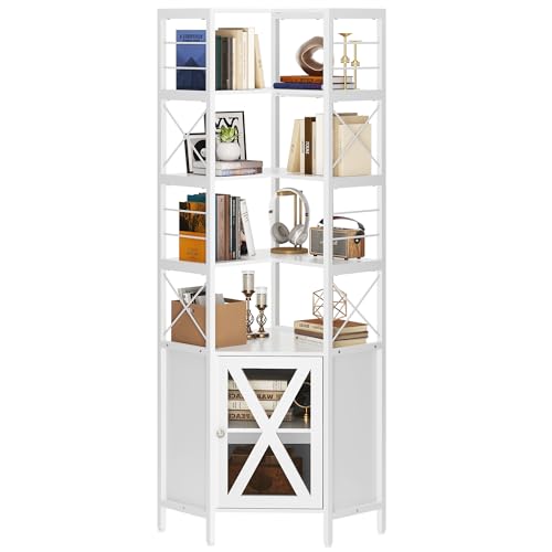 Corner Bookshelf with Storage, 7-Tier Shelf with Doors, White V9182
