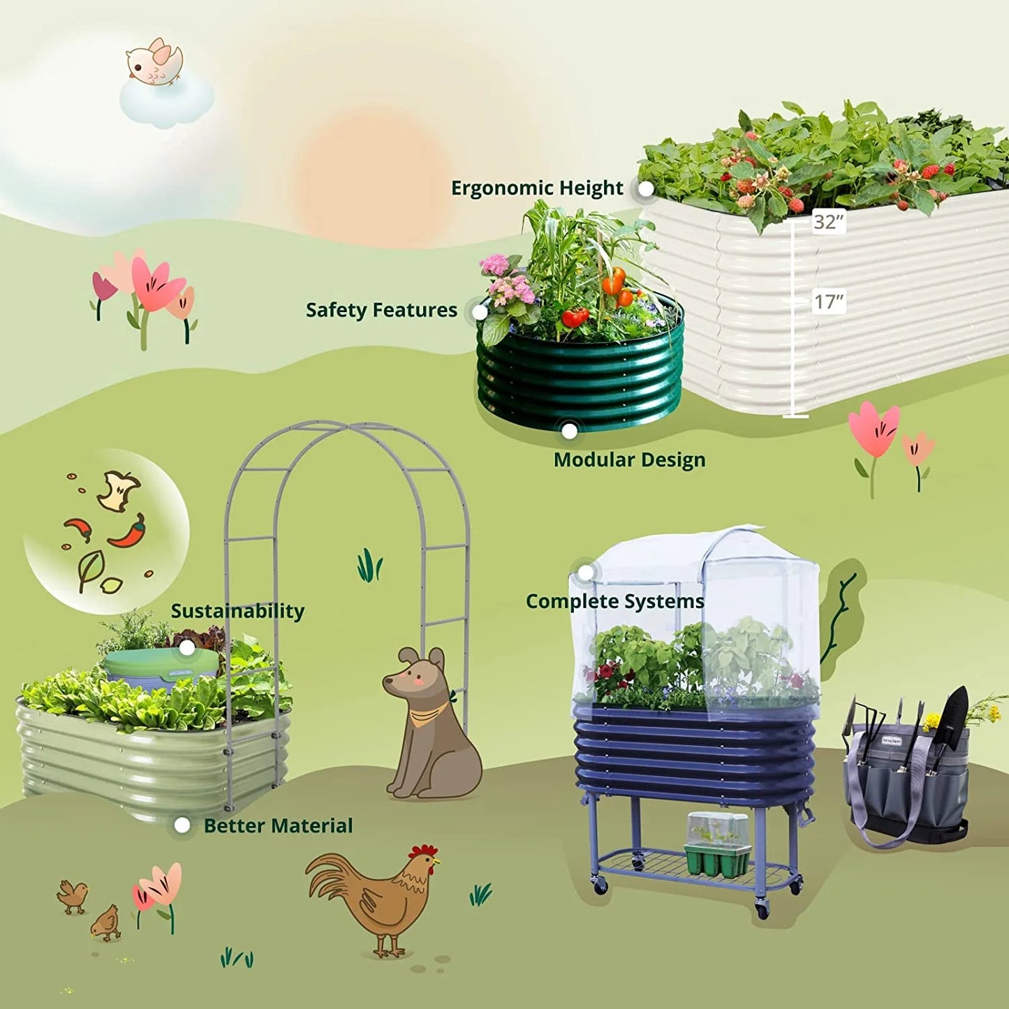 Modular Metal Raised Garden Bed, Olive Green H930