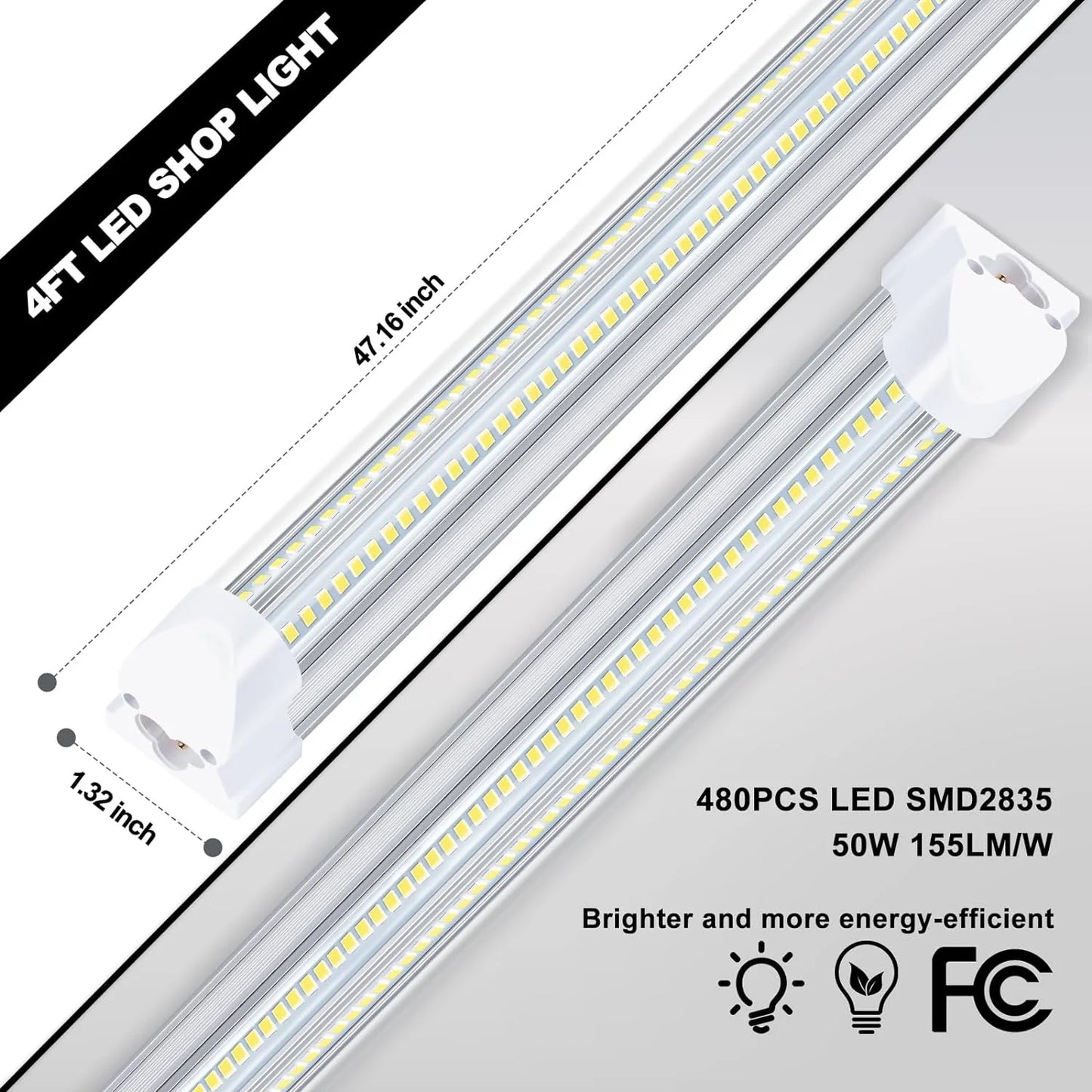 LED Shop Lights 4FT 50W 7750 Lumen 6000K Clear Cover V-Shape Linkable Plug and Play for Garage Workshop 10 Pack F2539