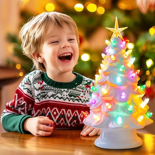 Ceramic Christmas Tree, Pre-lit Tabletop with Multicolored LED Lights, Battery Operated G1053