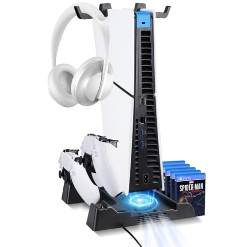 PS5 Slim Stand with Cooling Fan and Controller Charging Station, White T935