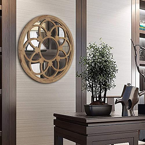 Rustic 30" Round Wall Mirror with Wood Frame J1533