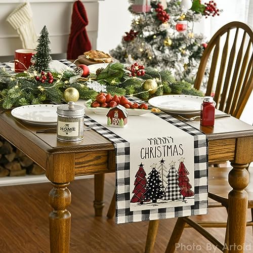 Buffalo Plaid Christmas Trees Table Runner, Winter Holiday Kitchen Dining Decor, 13 x 108 Inch A940